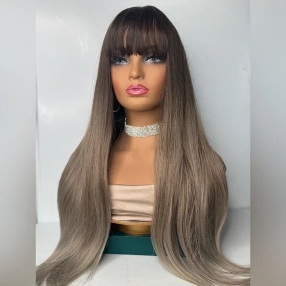 Light Ash Blonde Balayage Brown Roots long Hair Wig with Bangs - Daily use - Picture 2 of 9